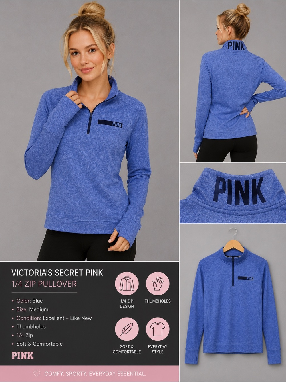 Victoria’s Secret PINK Blue 1/4 Zip Pullover Thumbholes Medium